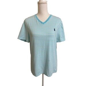 Ralph Lauren Polo Women’s M Short Sleeve V-Neck 100% Cotton T-Shirt Striped Teal